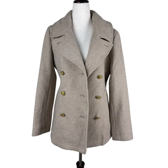 J. Crew Stadium Cloth Beige Pea Coat with Gold Buttons - Picture 2 of 11